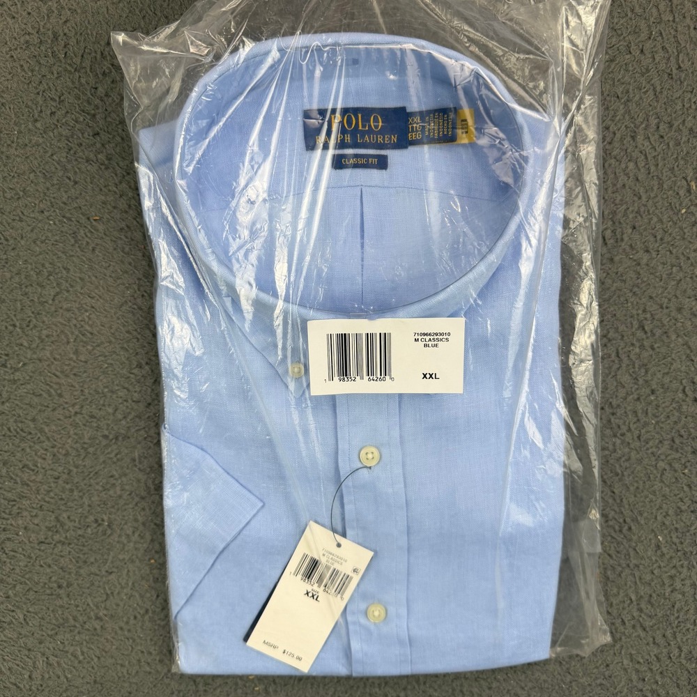 Polo Ralph Lauren Mens XXL Blue Linen Short Sleeve Button Down Shirt Classic Fit
